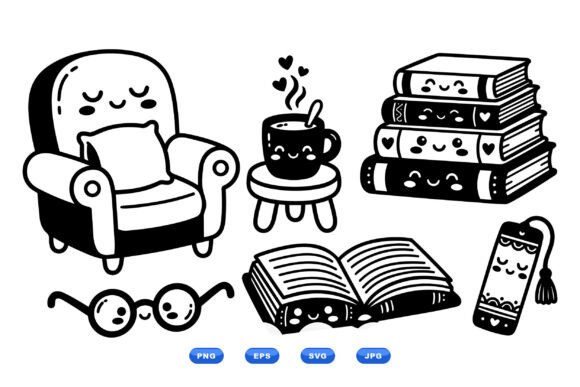 Cozy Reading Kawaii Clipart: A Perfect Illustration for Local Brands